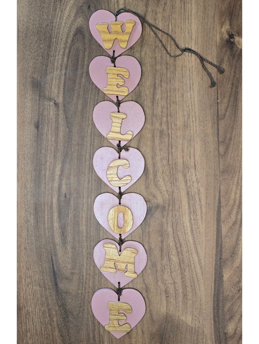 Vintage Vertical Wood Heart Welcome Sign, 19" Pink Valentine Hanging